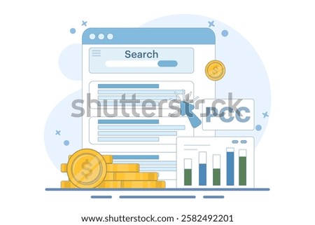 Pay Per Click Marketing Concept or PPC, Digital Advertising Line Campaign. Digital Marketing Who Wants to Explain or Promote the Ins and Outs of PPC Advertising. Successful PPC Strategy.