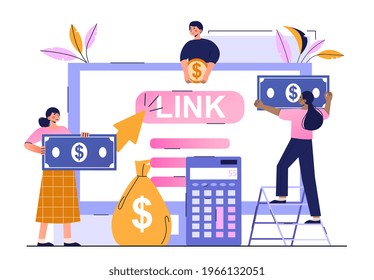 Pay per click marketing, Digital marketing campaign. Cost per click technology. Flat abstract metaphor outline cartoon vector illustration concept design. Simple line art isolated on white background.