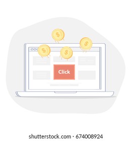 Pay per click marketing internet advertising model. Flat line illustration concept with laptop, button and coins, ad is clicked. Isolated Vector Illustration