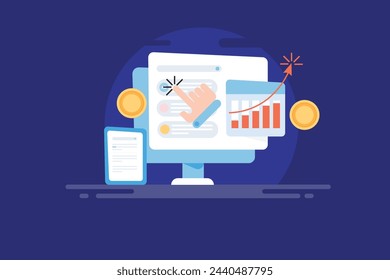 Pay per click marketing, Search engine marketing increasing website traffic, Digital advertising campaign with analysis report - vector illustration background with icons