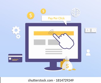 Pay per click marketing vector concept illustration. PPC business or CPC advertising web banner. Cost per click technology background. Pay per click, PPC advertising