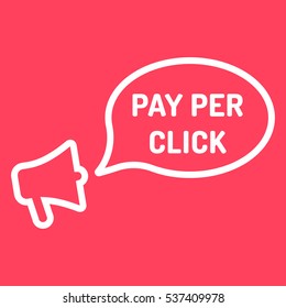 Pay per click. Megaphone with speech bubble icon. Flat vector illustration on red background.
