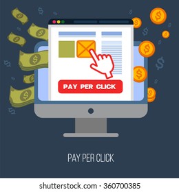Pay Per Click Mobile Advertising Concept. Vector illustration in flat style with Computer and Cursor
