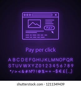 Pay per click neon light icon. Online shopping and payment. Internet shop page. E-payment. Digital purchase. Online shopping website template. Glowing alphabet, numbers. Vector isolated illustration