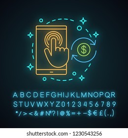 Pay per click neon light concept icon.  E-payment. Mobile banking idea. Online money transaction. Glowing sign with alphabet, numbers and symbols. Vector isolated illustration