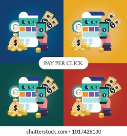 Pay per click, online banking, money transfer, online commerce flat design style vector concept