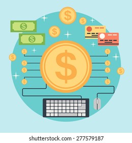 Pay per click, online banking, internet commerce, money transfer flat design style vector concept