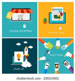 Pay Per Click, Online Shopping, Business Start Up, Team Work Flat Concept for Web Marketing. Vector Illustration 