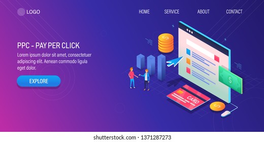 Pay per click, PPC advertising, 3D, Isometric vector concept with icons and texts