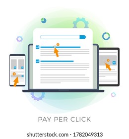 Pay Per Click (PPC) flat vector icon. Advertising Marketing Business Campaign illustration. Paid Media PPC Concept with browser window, search results and contextual advertisements.