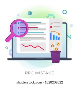 Pay per Click PPC mistake flat vector icon. Digital marketing campaign errors and mistakes concept. Incorrectly or wrong composed digital online PPC advertising company. Ad strategy failure.