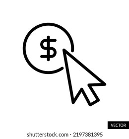 Pay per click, PPC with USD, American dollar sign, Cost per click vector icon in line style design for website, app, UI, isolated on white background. Editable stroke. EPS 10 vector illustration.