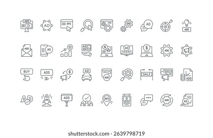 Pay per click, promo news in blog, billboard and poster thin black outline symbols vector illustration. Ads, advertising campaign of brand and digital marketing agency, sponsors line icon set.