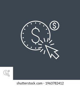 Icono de línea delgada del vector de pago por clic. Aislado en fondo negro. Stroke editable. Ilustración vectorial.