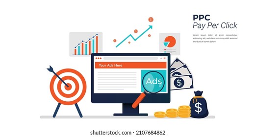 Pay Per Click, Search Marketing, Paid Advertising, On-line Ads Flat Vector Banner Illustration.