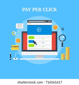 Pay per click, search, marketing, digital flat design vector illustration and icon isolated on blue background