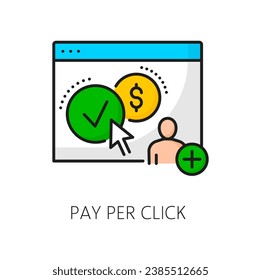 Pay per Klick SEM, Suchmaschine Marketing dünnen Linie Symbol der Vektorgrafik PPC-Werbung. Website-Seite, Online-Geld-Goldmünze mit Dollar-Symbol und Pfeil-Cursor, digitales Marketing, E-Commerce, E-Commerce