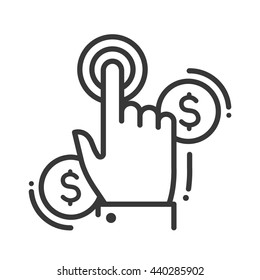 Pay per click single isolated modern vector line design icon with a hand clicking the button and dollar sign coins