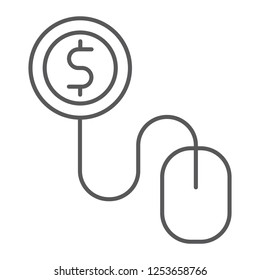 Pay per click thin line icon, internet and marketing, mouse and dollar sign, vector graphics, a linear pattern on a white background, eps 10.