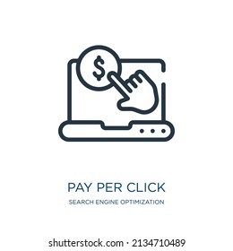 icono de pago por clic en línea delgada. , haga clic en iconos lineales del concepto de optimización de motores de búsqueda de signo de contorno aislado. Elemento de símbolo de ilustración vectorial para diseño web y aplicaciones.