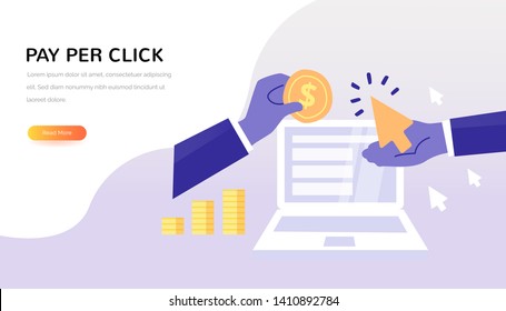 Pay Per Click Vektorkonzept. Der Inserent zahlt einen Verleger - PPC. Kreative Business-Illustration im flachen Stil für Ihr Design.