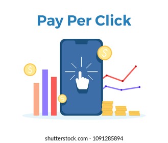 Pay Per Click vector flat illustration. Concept for mobile bank and internet payment, tax process. Flat banner, eps 10 tax process