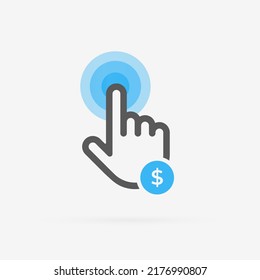 Pagar por icono del vector Click. Coste PPC o CPL por estrategia de publicidad de marketing digital Lead. Mano en forma de cursor con un icono del dinero, hace clic en el concepto de publicidad con color negro y azul