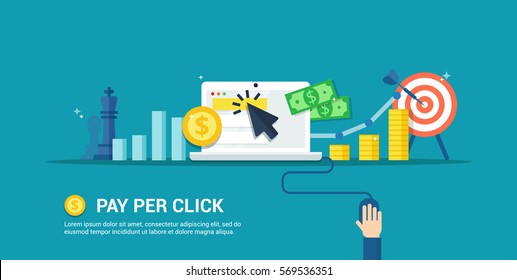 Pay Per Click vector illustration. Internet advertising process - abstract banner in flat style. Concept of strategy, analytics, successful result and profit growth.