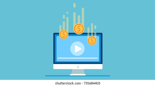 Pay per view illustration. Play video on computer after your get money. Vector flat art