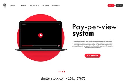 Pay Per View system illustration. Laptop with video player on display. Vector on isolated white background. EPS 10