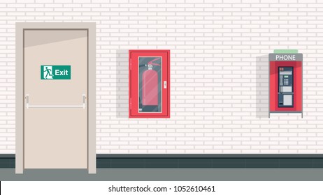 Pay phone and Fire extinguisher vector. free space for text. wallpaper. background. Exit door vector.
