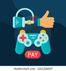 Pay to play flat concept vector icon. Digital entertainment idea cartoon color illustrations set. Play games. VR. Isolated graphic design element