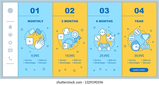 Pay and play membership onboarding mobile app screens with prices. VR, computer, gambling games walkthrough website templates. Leisure and entertainment tariff plans steps. Smartphone payment web page