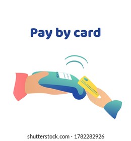 Pay for purchases with a bank card. Fresh design of payment for goods by contactless card. Hand with a blue terminal.