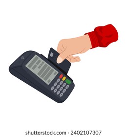 Pagar por compras con tarjeta de crédito usando un terminal. Ilustración vectorial de una mano con tarjeta de crédito y terminal de estilo plano.
