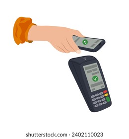 Pay for purchases using a phone with an NFC system. Vector illustration of a hand with a mobile phone and a terminal in flat style.