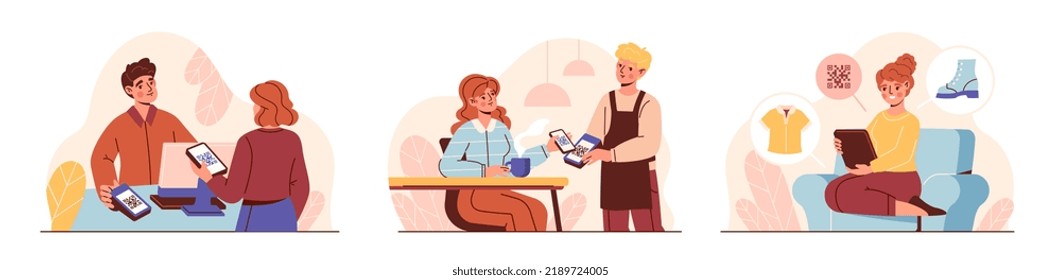 Pay with qr code concept. Cashless and contactless payment system. Men and women pay for coffee in restaurant and make purchases in store or online using app on smartphone. Cartoon flat vector set