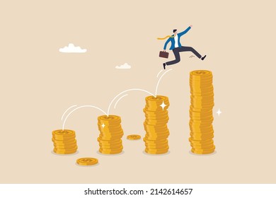 Pay raise salary increase, wages or income growth, investment profit and earning rising up, career development or wealth management concept, happy businessman jumping on rising money coin stack.