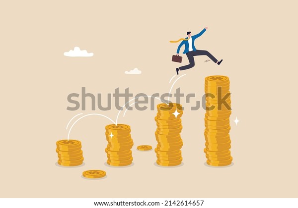 Pay raise salary increase, wages or income growth,\
investment profit and earning rising up, career development or\
wealth management concept, happy businessman jumping on rising\
money coin stack.