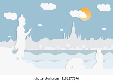 Pay respect to the image of the Buddha on the temple background in Thailand landmarks in paper art style, vector illustration.Travel poster and postcard concept.