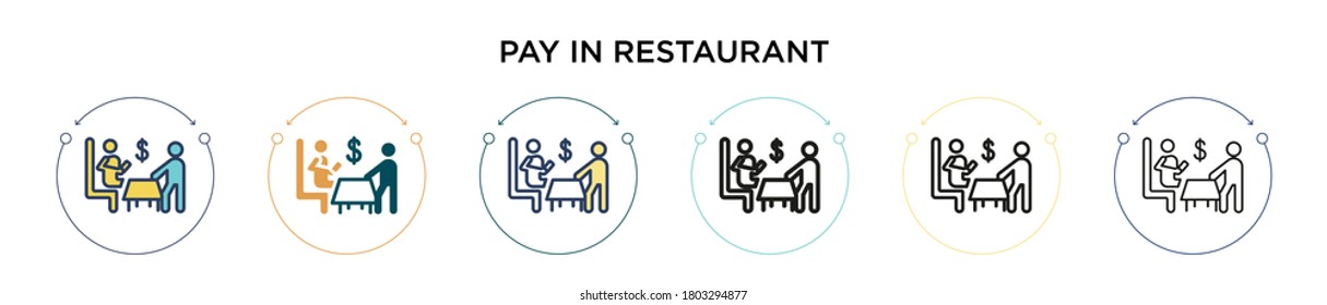 Pay in restaurant icon in filled, thin line, outline and stroke style. Vector illustration of two colored and black pay in restaurant vector icons designs can be used for mobile, ui, web