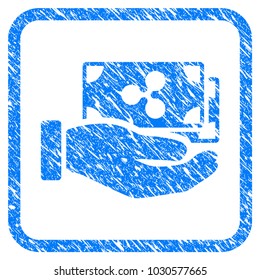 Pay Ripple Banknotes rubber seal stamp imitation. Icon vector symbol with grunge design and unclean texture in rounded square frame. Scratched blue stamp imitation on a white background.