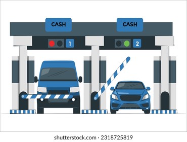 Pay Road Toll Card Poster Highway Traffic Transport Concept Flat Design Style for Ad. Vector illustration of Gate.