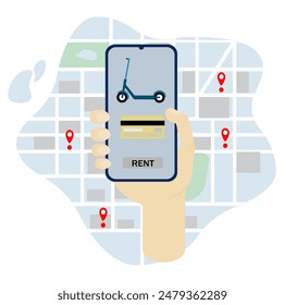 Pay for scooter rental from a smartphone, phone in hand on a city map. Bank card, scooter on the screen of a mobile phone in hand. On a white background.