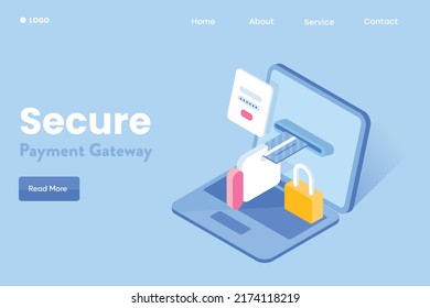 Pay securely - Payment gateway - Online payment - Hand with credit card concept - 3D isometric vector illustration with icons and texts