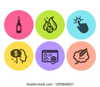 Pay, Seo certificate and Hot loan icons simple set. Champagne, Touchpoint and Copyright chat signs. Beggar, Statistics. Flat pay icon. Circle button. Vector
