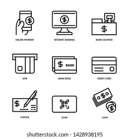 Pay Service Icons. Set Of 9 Pay Line Icons, Mobile Payment, Online, Internet Banking, Bank Counter, Atm, Bank Book, Credit Card, Cheque,QR Code Scan, Money And Cash. Isolate On White Background.