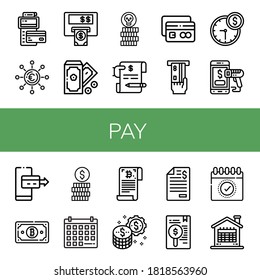 pay simple icons set. Contains such icons as Pos, Euro, Atm, Money, Coin, Invoice, Credit card, Time is money, Mobile payment, Online payment, can be used for web, mobile and logo