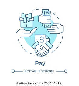 Pay soft blue concept icon. Employee payment, salary. Compensation gifts. Financial management. Round shape line illustration. Abstract idea. Graphic design. Easy to use in article, blog post