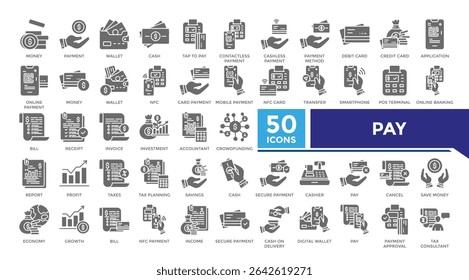 Pay solid icon set collection. his set includes money, wallet, tap to pay, contactless, transfer, tax planning, budget and more icons in solid style. Vector icons collection for infographics
